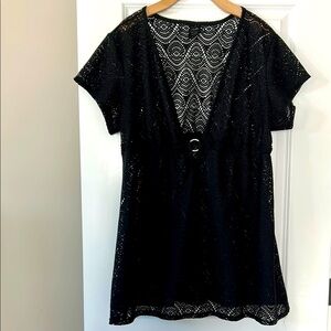 Catalina Crocheted Black Deep V-Neck Swim Cover Up w Silver Ring Detail Sz 3X